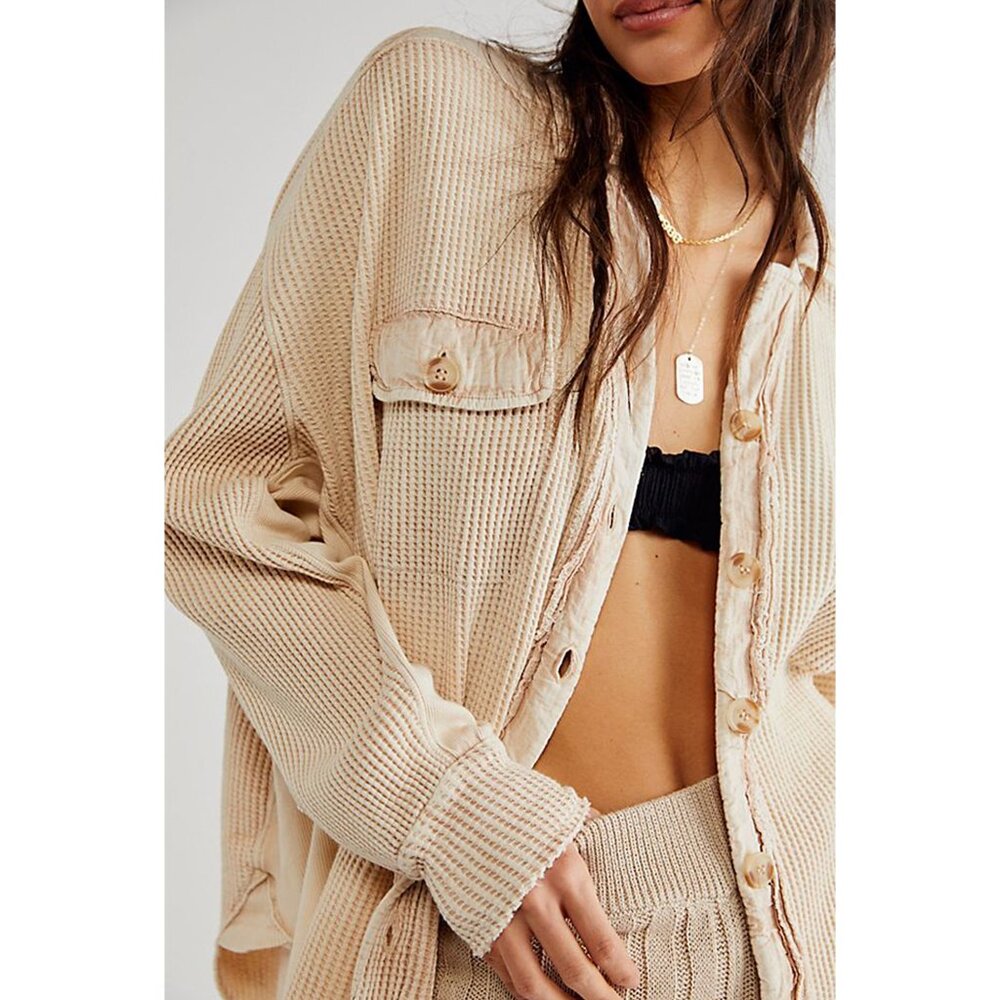 Free People Scout Jacket Oversized Button Up Waffle Knit Sand Size Small